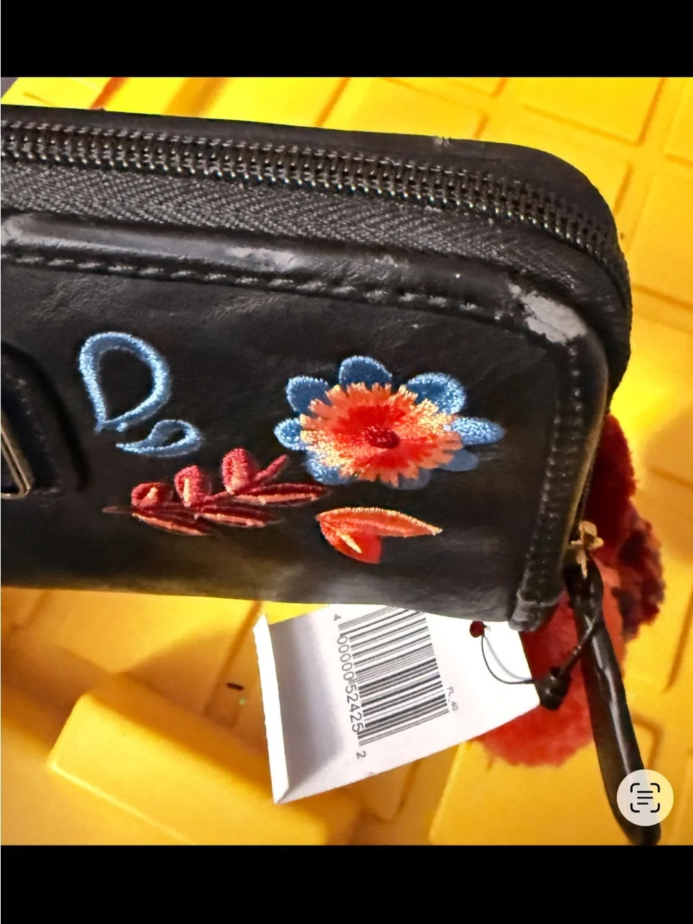 Disney Black Floral Embroidered Zip Wallet with Red and Blue Pom-Pom